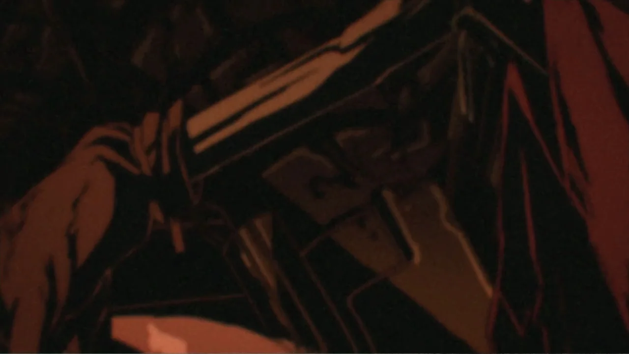 Batman: Gotham Knight (2008) movie still: closeup — A dark, indistinct interior is obscured by heavy red shadows and low lighting. A metallic object…
