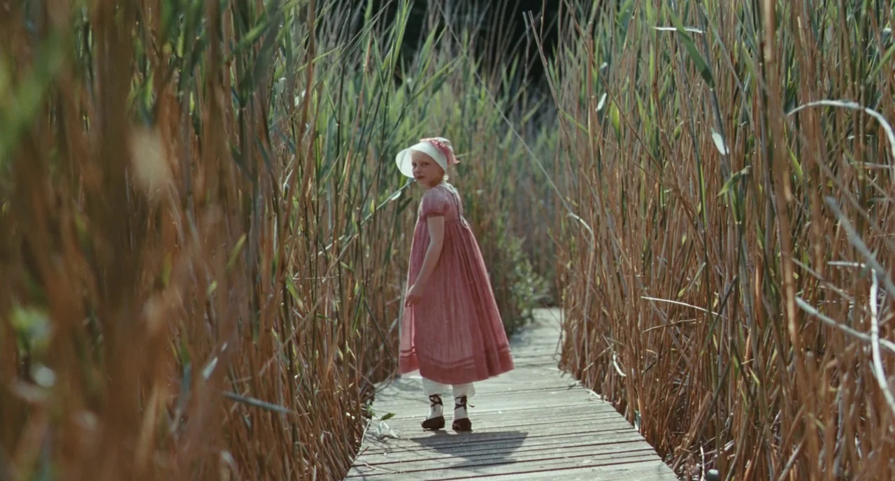Bright Star (2009) movie still: fullbody — A wooden boardwalk passes through a dense thicket of tall, dry marsh reeds. A young child wearing a…