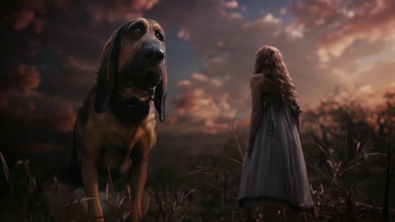 Alice in Wonderland (2010) movie still: medium — An open grassy area at dusk under a dramatic, cloud-filled sunset sky. A large bloodhound sits in…