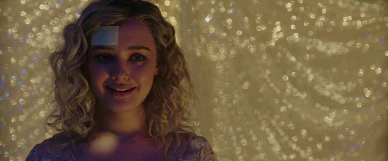 Spontaneous (2020) movie still: closeup — A young woman stands in front of a shimmering, out-of-focus gold sequin curtain background. She wears a…