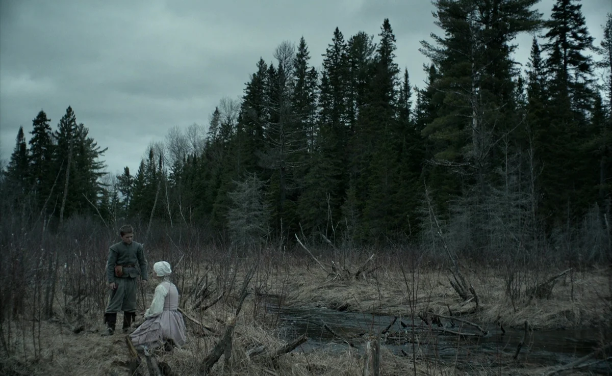 The Witch (2015) movie still: wide — A dense forest borders a narrow stream in a sparse, dead-grass terrain. Two teenagers stand beside the water…