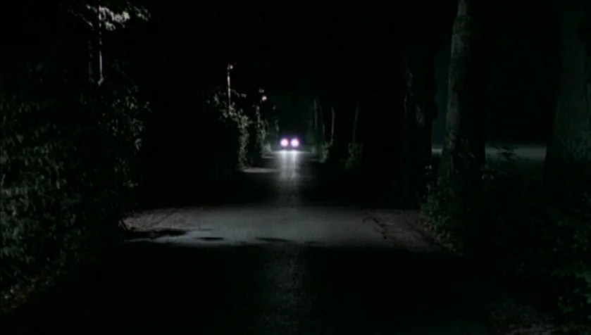Funny Games (1997) movie still: establishing — A narrow road at night flanked by thick, dark trees on both sides. A vehicle with bright headlights…