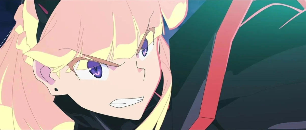 Star Wars: Visions (2021) movie still: closeup — An anime-style close-up of a character with blonde hair and purple eyes. The character wears dark…
