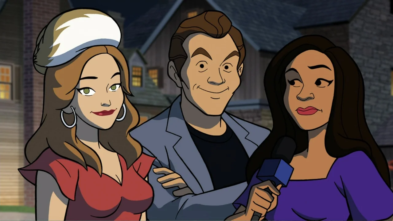 Scooby-Doo! and the Gourmet Ghost (2018) movie still: medium — A group of three people stand together in front of a dark house at night. A woman on…
