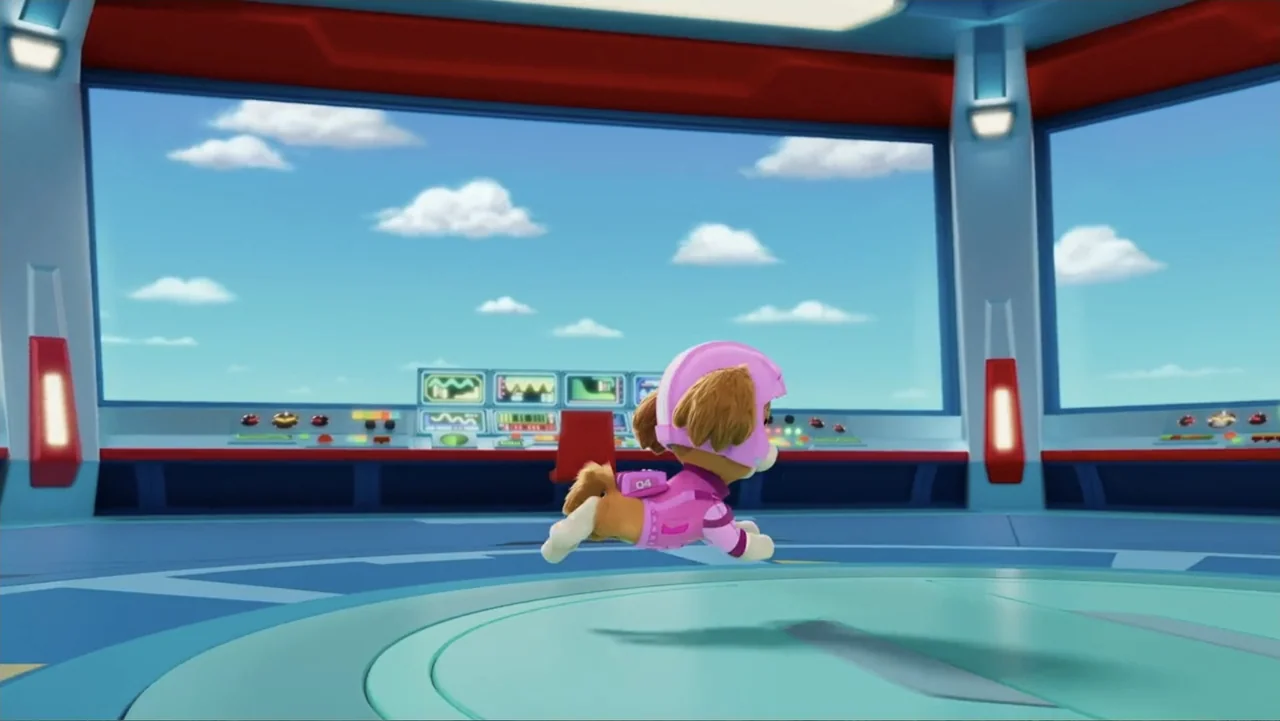 PAW Patrol: Air Rescue (2025) movie still: medium — A futuristic command center features wide windows showing a blue sky and white clouds. A small…