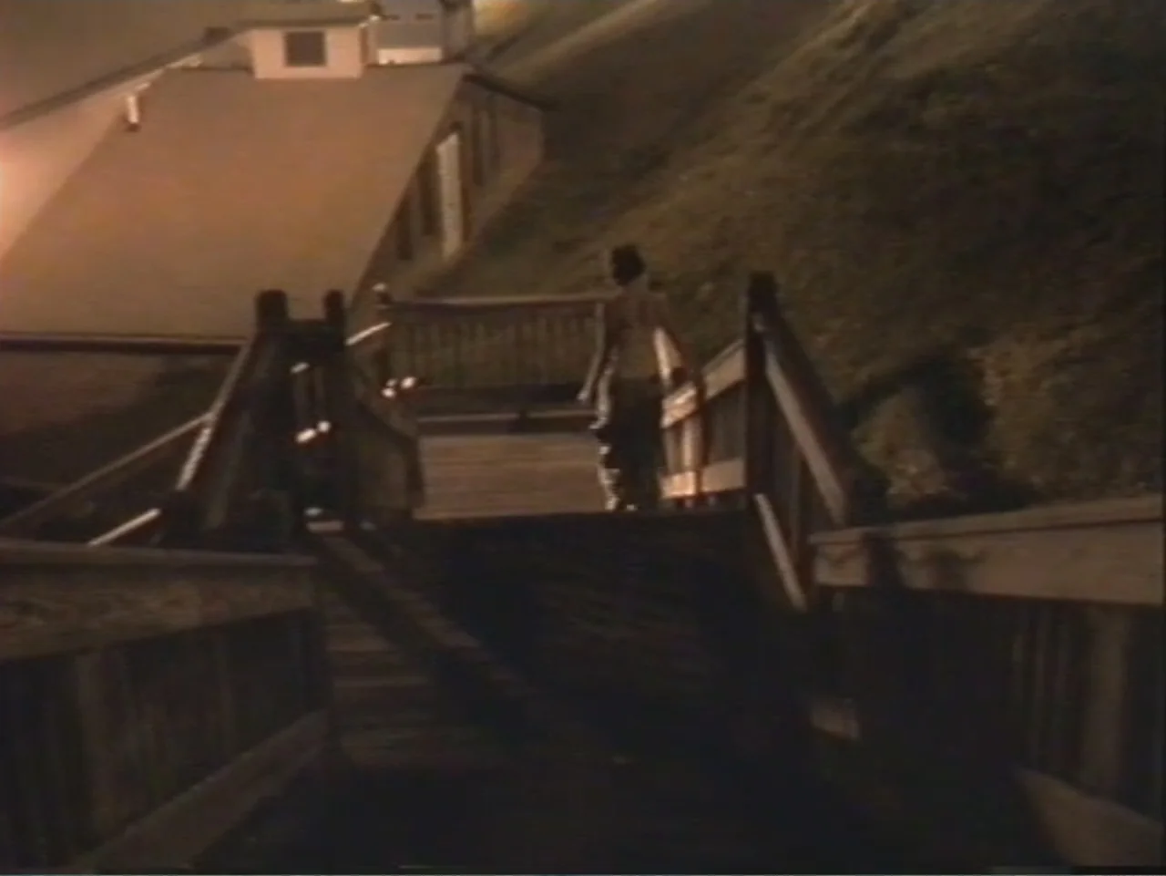 Dracula, Prisoner of Frankenstein (1972) movie still: fullbody — An outdoor wooden staircase leads upward into the darkness of an unlit embankment.…