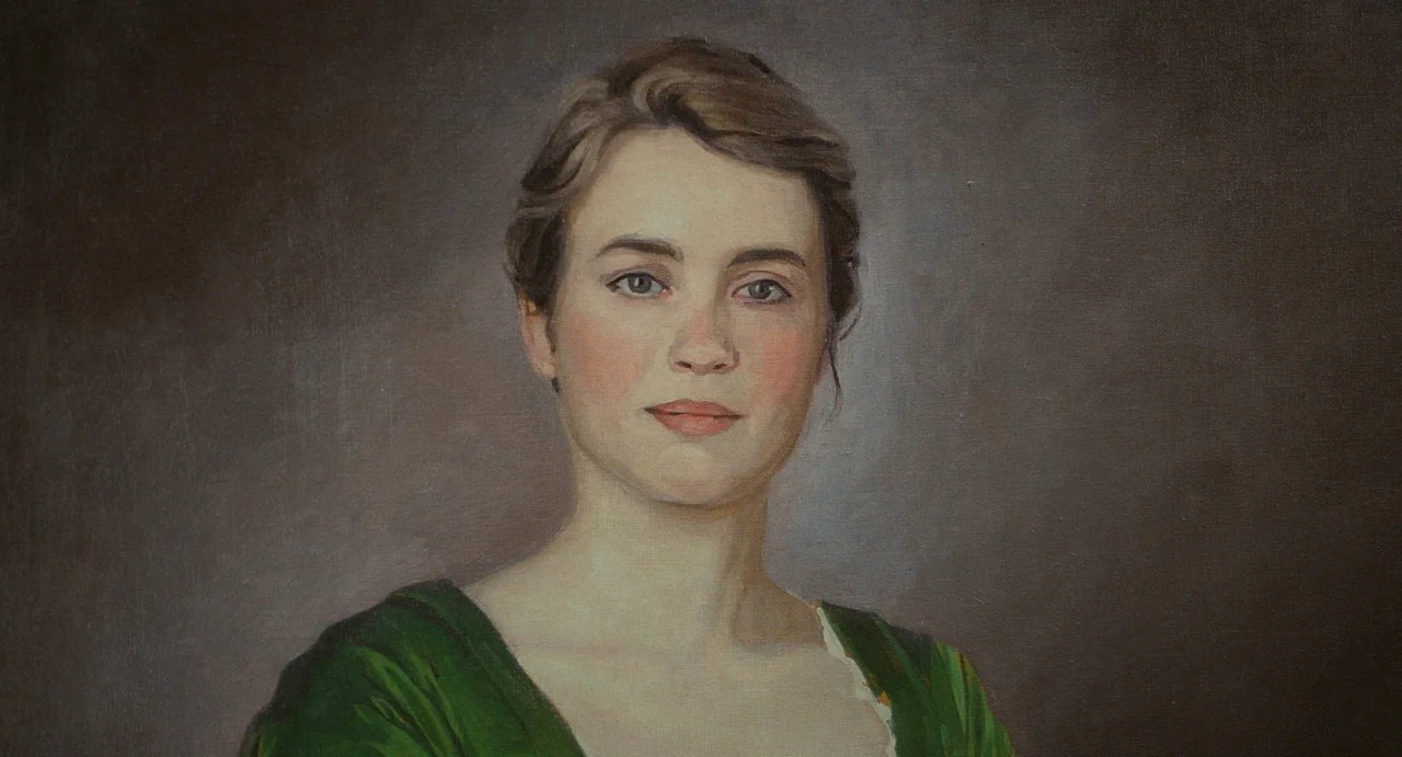 Portrait of a Lady on Fire movie still: closeup — An oil portrait of a young woman centered against a solid dark brown background. The woman looks…