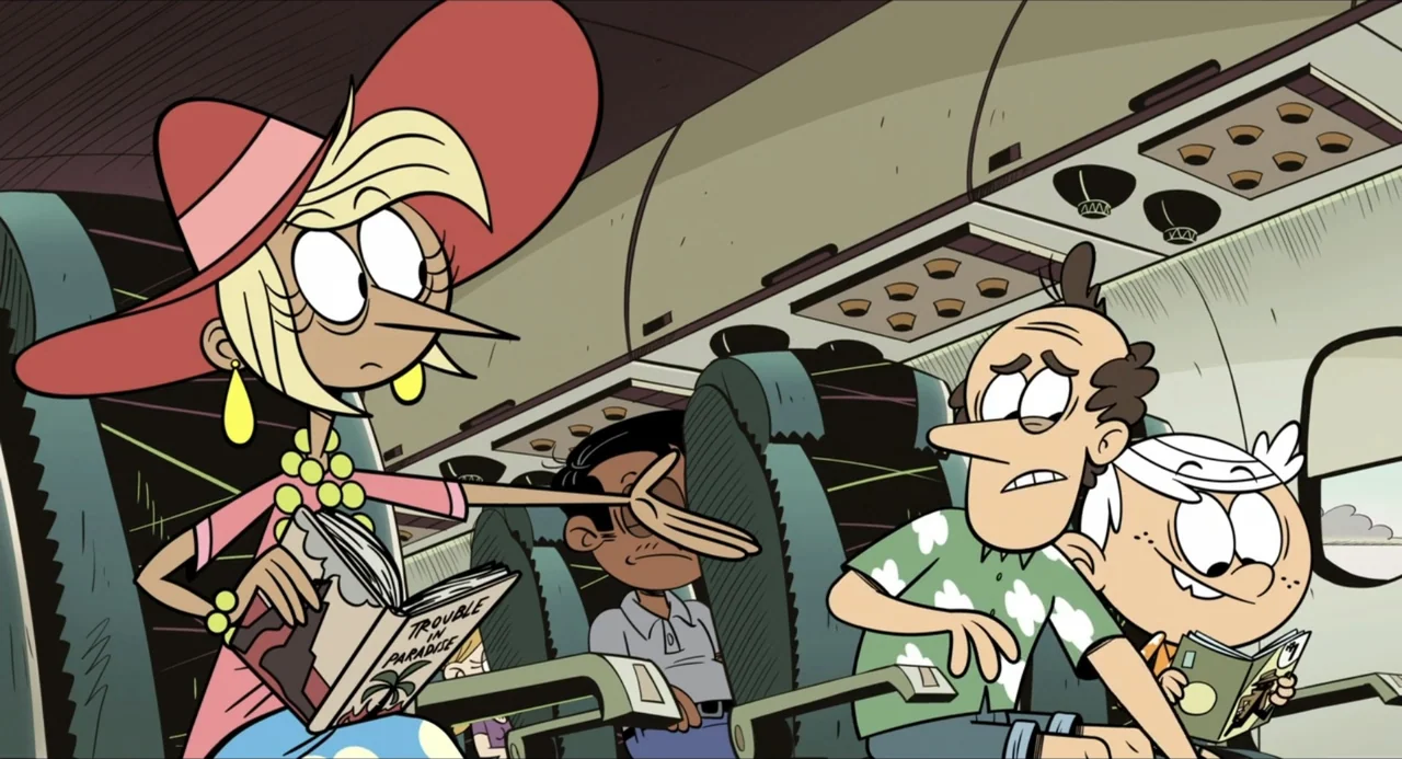 No Time to Spy: A Loud House Movie (2024) movie still: medium — A cramped commercial airplane cabin features rows of blue seats and overhead storage…