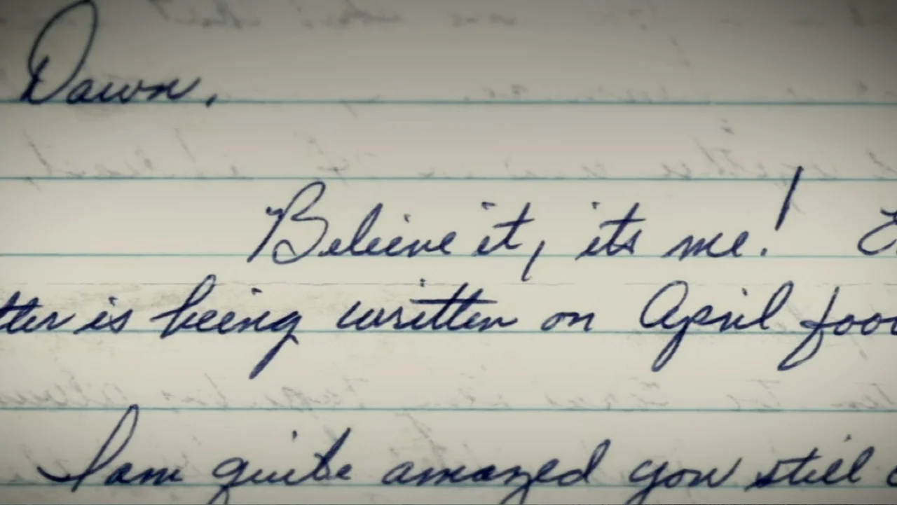 Aileen Wuornos : Mind of a Monster (2020) movie still: closeup — A close-up view of blue cursive handwriting on light cream-colored lined notebook…