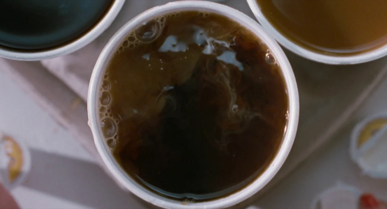 The Doom Generation (1995) movie still: closeup — A top-down view of several white paper cups containing dark coffee sit on a tray. A swirl of white…