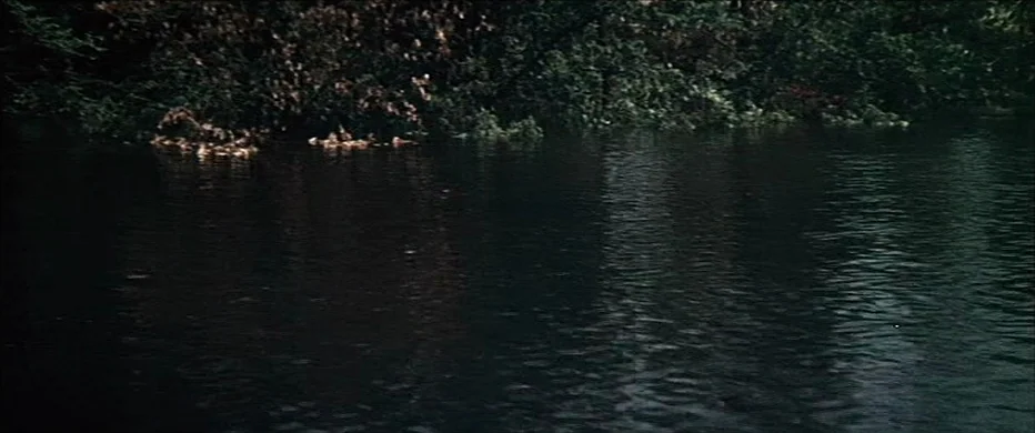 Deliverance (1972) movie still: establishing — A dark, calm lake surface sits beneath a dense, shaded treeline of dark foliage. The water ripples…