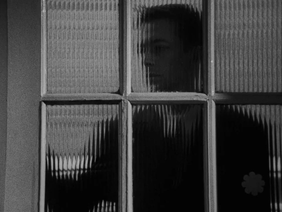 Following (1998) movie still: closeup — A man stands behind a grid of textured, ribbed glass panels set in a frame. The subject looks through the…