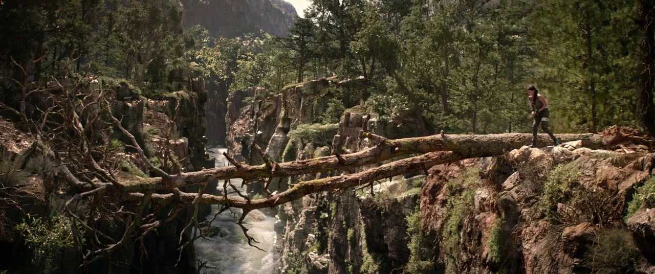 Tomb Raider (2018) movie still: wide — A deep, craggy river canyon with steep rock walls and dense pine forest vegetation. A woman stands on a…