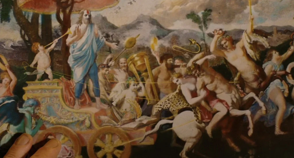 The Imaginarium of Doctor Parnassus (2009) movie still: wide — An oil painting shows a classical procession of mythological figures riding in a…