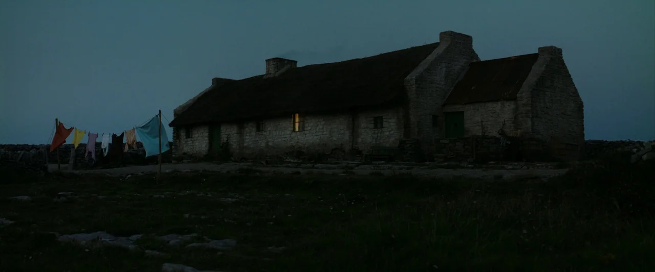 The Banshees of Inisherin (2022) movie still: establishing — A stone cottage with a thatched roof sits in a dark, rural landscape at dusk. Laundry…