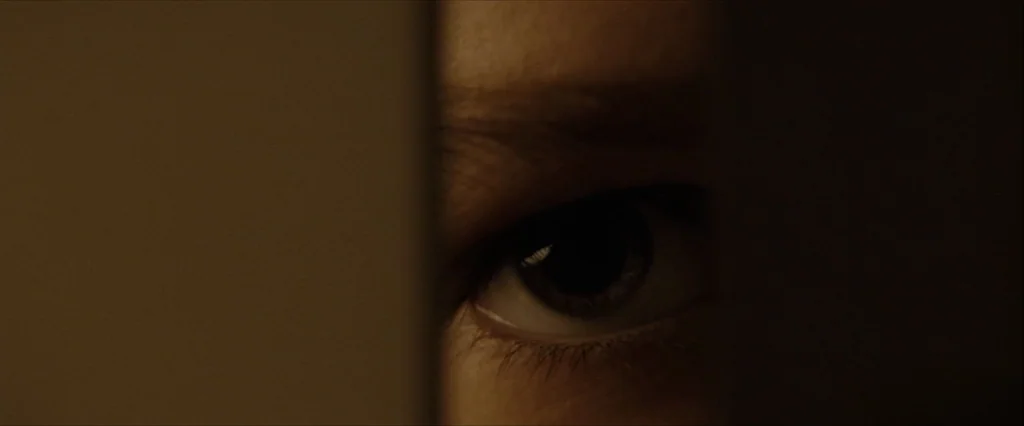 Let Me In (2010) movie still: closeup — A close-up view shows a single eye looking through a narrow dark gap. A thick shadow obscures the left side…