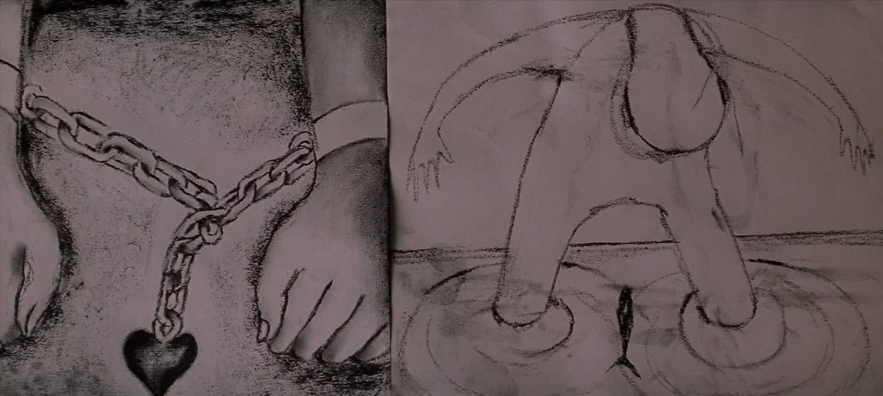 Great Expectations (1998) movie still: closeup — Two separate charcoal sketches are presented side-by-side on a light-colored paper surface. The…
