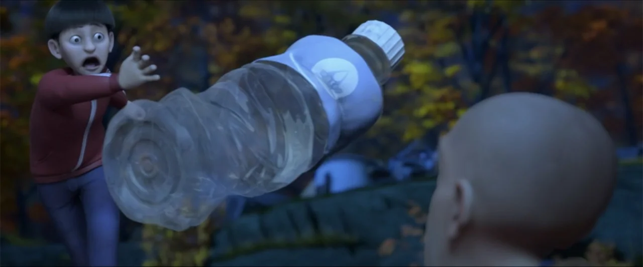 Boonie Bears: The Big Shrink (2018) movie still: medium — A dark outdoor setting features trees with muted autumn foliage in the background. One boy…