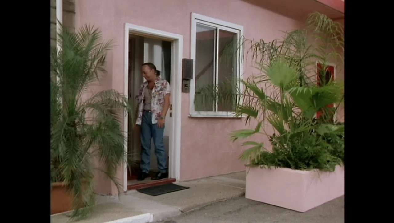 The Awakening (1995) movie still: fullbody — A pink motel building exterior with green potted palms sits in daylight. A man in a floral shirt exits…