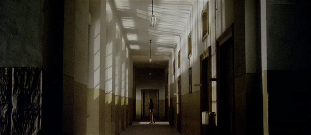 Deep Red (1975) movie still: wide — A long, symmetrical institutional corridor features cream-colored walls with dark wainscoting and multiple…