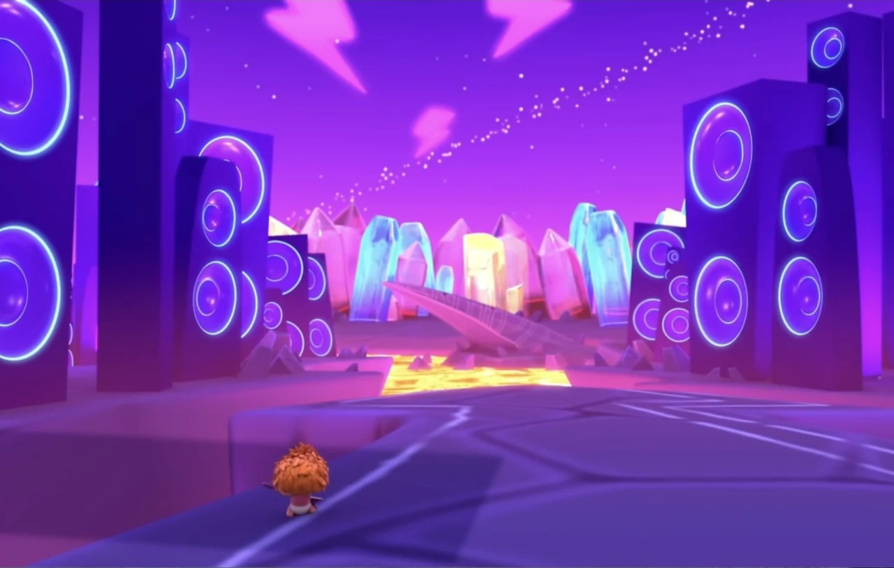 Mini Beat Power Rockers: The Movie (2022) movie still: wide — A surreal alien landscape features towering purple speakers flanking a path toward…
