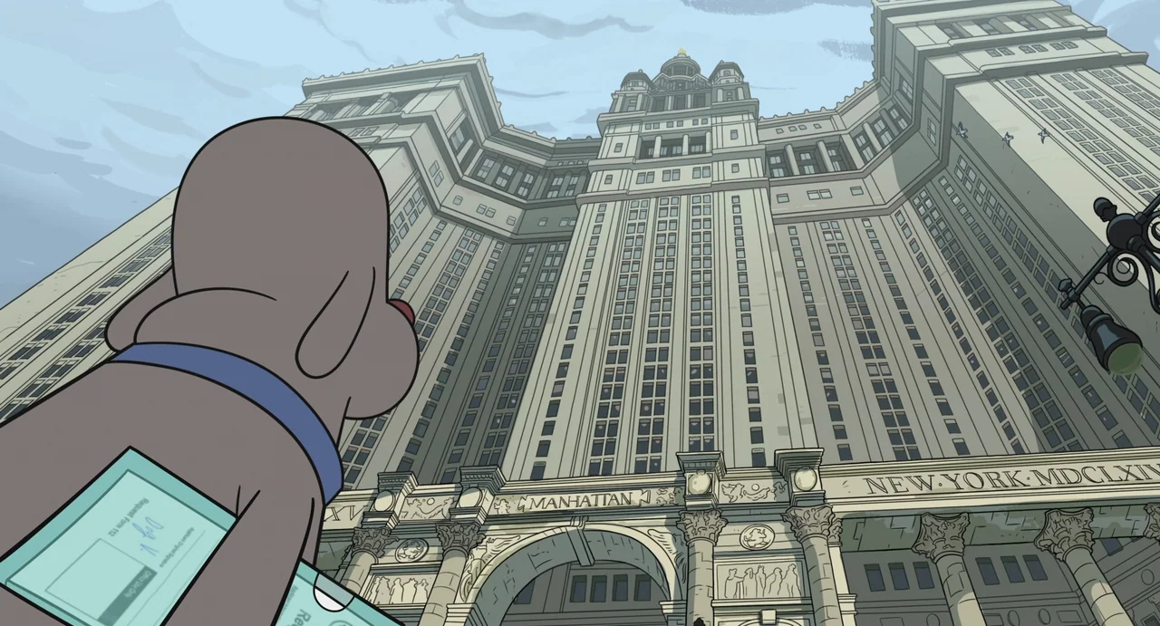 Robot Dreams (2023) movie still: wide — A massive, ornate stone municipal building stands beneath an overcast sky. A small cartoon dog views the…