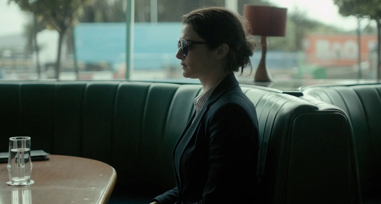 The Lobster (2015) movie still: medium — A woman sits in a green vinyl booth inside a diner near a window. She wears sunglasses while facing toward…