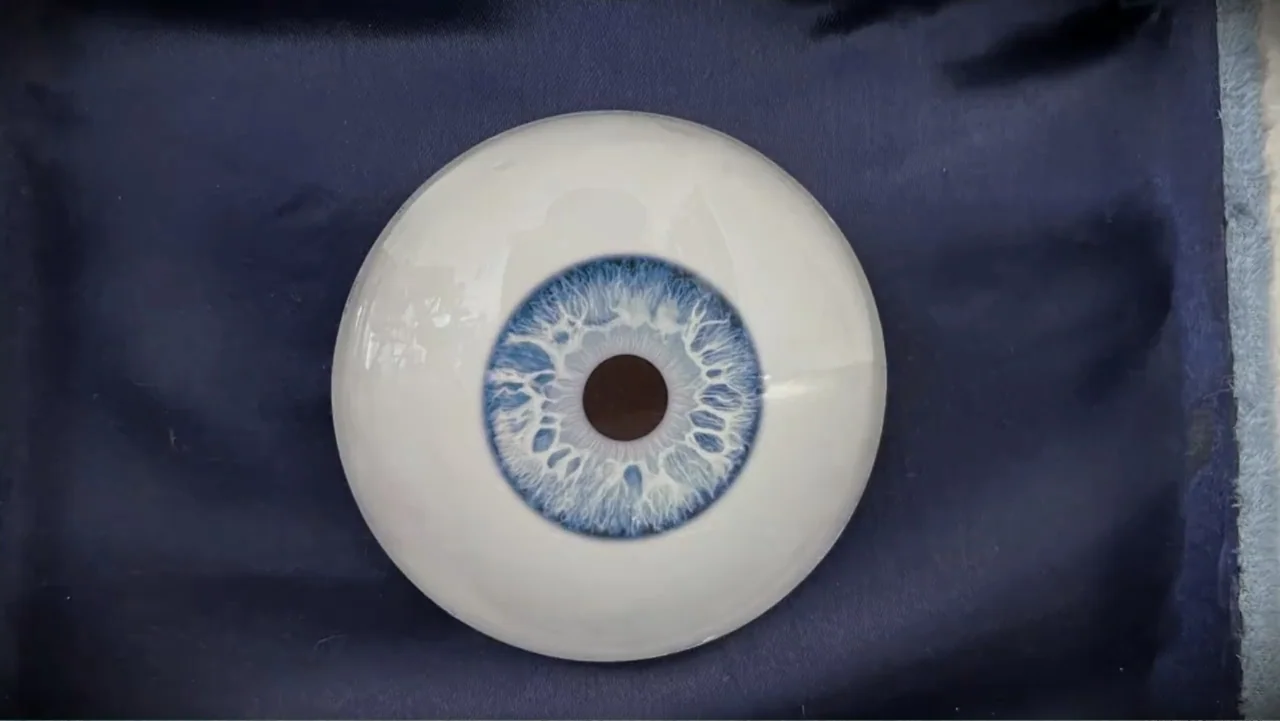 Inland Empire (2006) movie still: closeup — A single artificial blue human eye rests on a flat dark blue fabric background. The realistic iris shows…