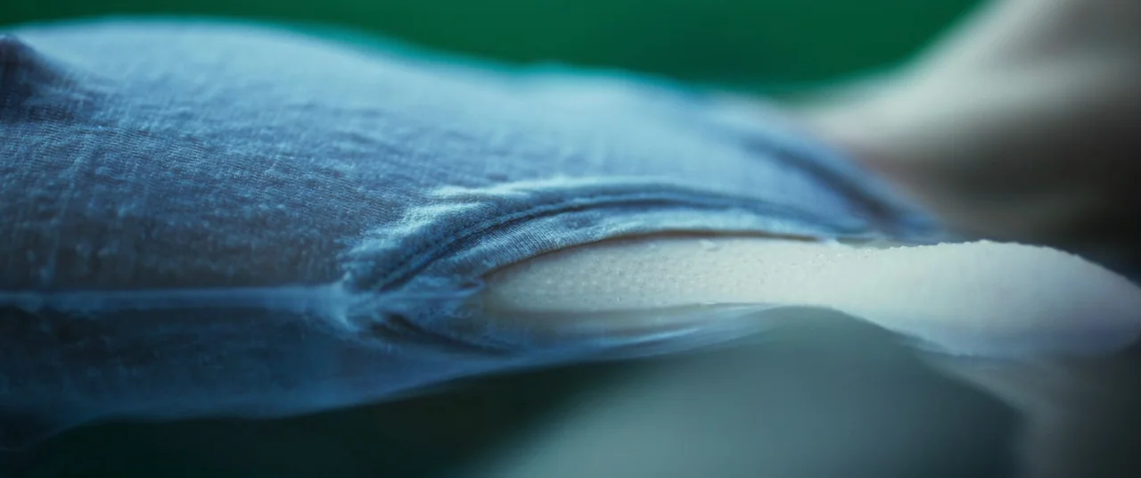 More Than Ever (2022) movie still: closeup — Blue fabric floats on the surface of water in a bright outdoor pool. Tiny droplets of water collect on…