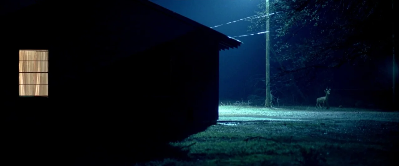 Ballast (2008) movie still: wide — A dark rural house sits at night under a bright blue-tinted streetlamp. A single deer stands near a gravel patch…