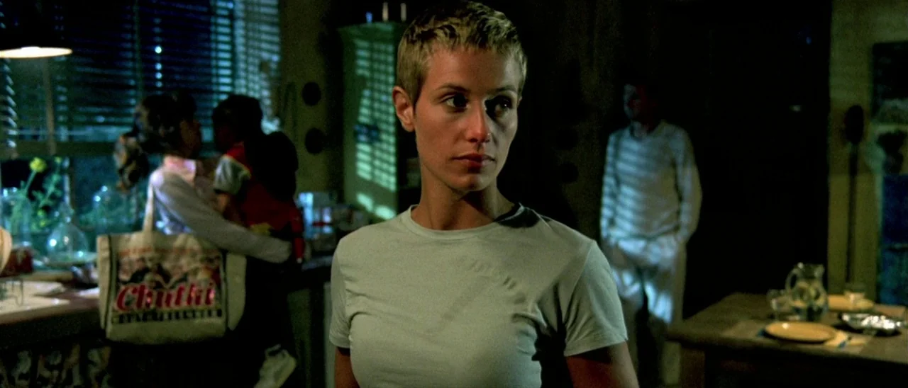 Haute Tension (2003) movie still: medium — A dimly lit room with a person standing in the foreground. Other figures are visible in the background…