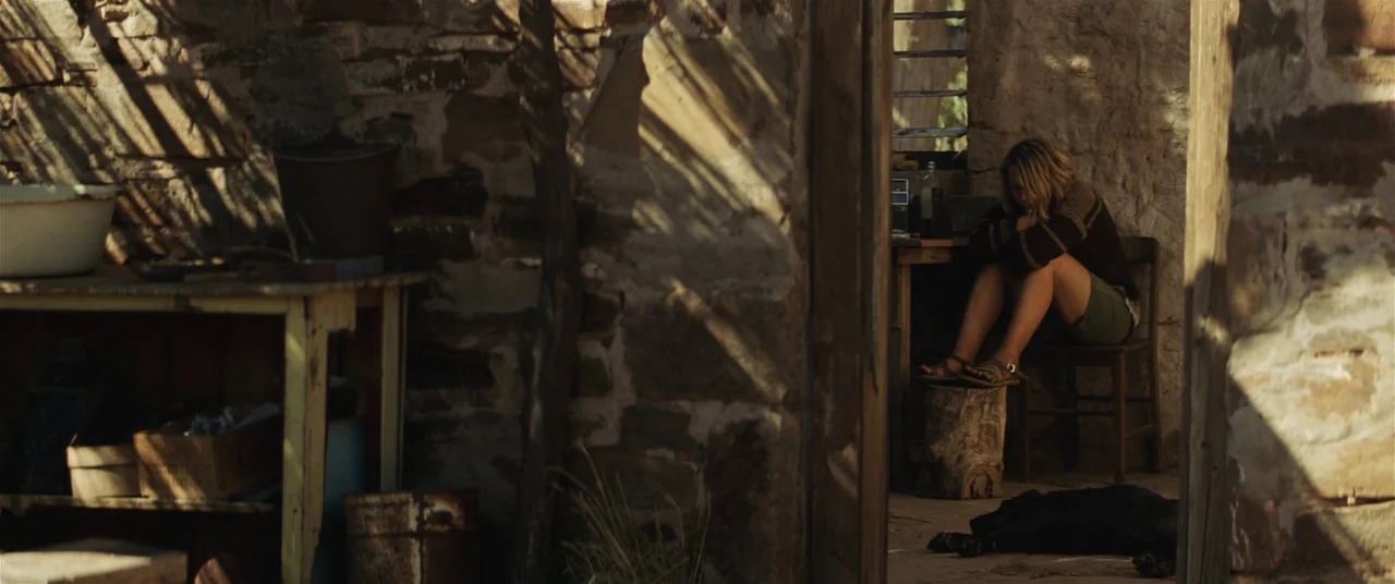 Tracks (2013) movie still: wide — A stone cabin interior features rough masonry walls and a wooden work table. A woman sits on a chair in the…