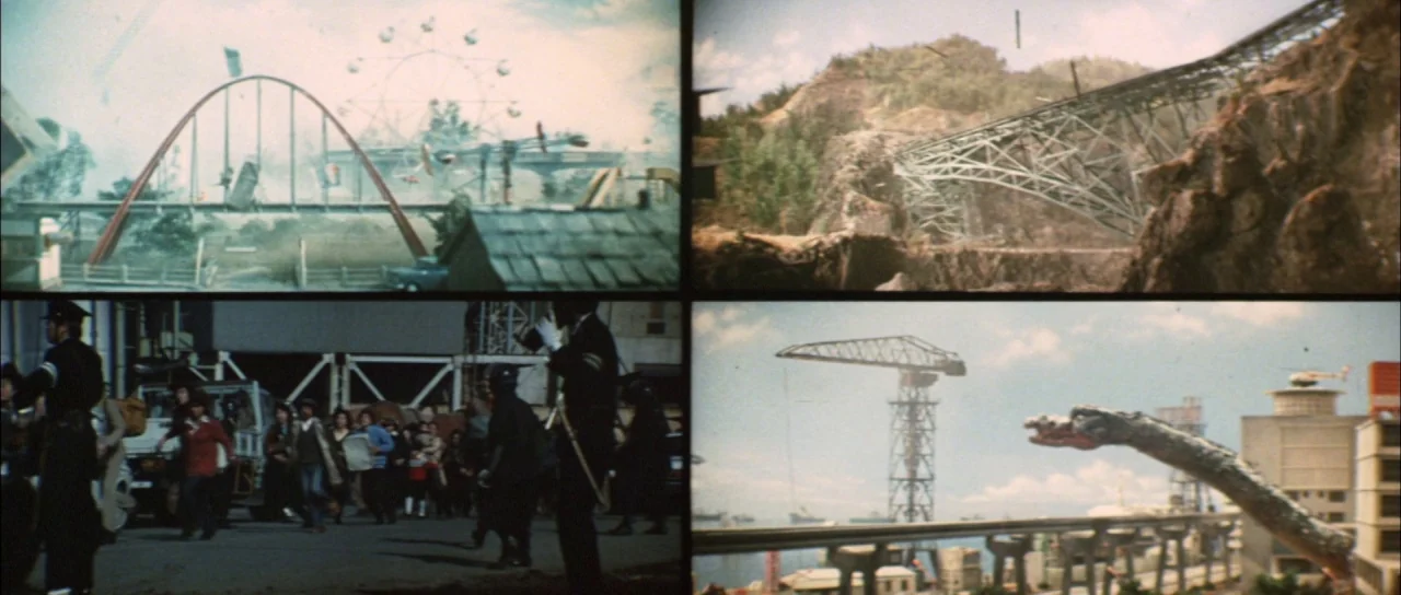 Terror of Mechagodzilla (1975) movie still: wide — A split-screen composition displays four distinct images showing urban infrastructure, disaster…