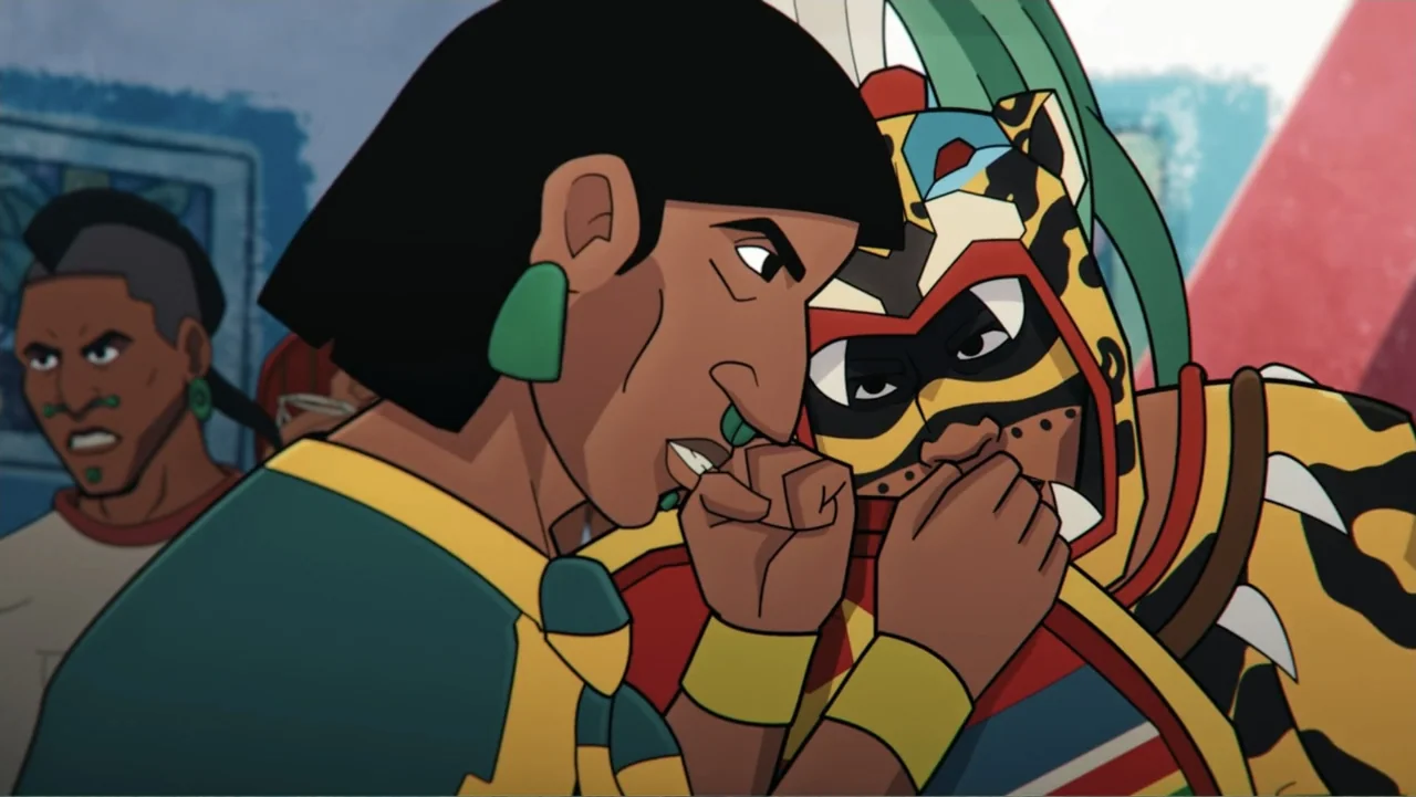 Aztec Batman: Clash of Empires (2025) movie still: medium — A group of people in traditional Mesoamerican-style garb gather in a dim ceremonial…