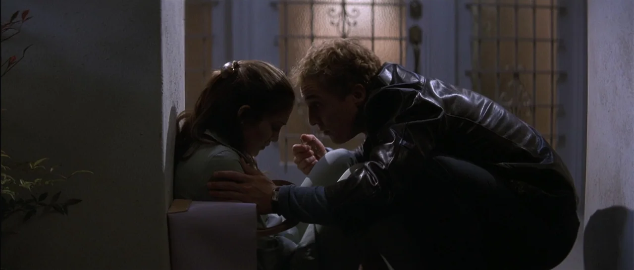 The Wedding Planner (2001) movie still: medium — A dark house entrance with a screened door and concrete step at night. A man in a leather jacket…