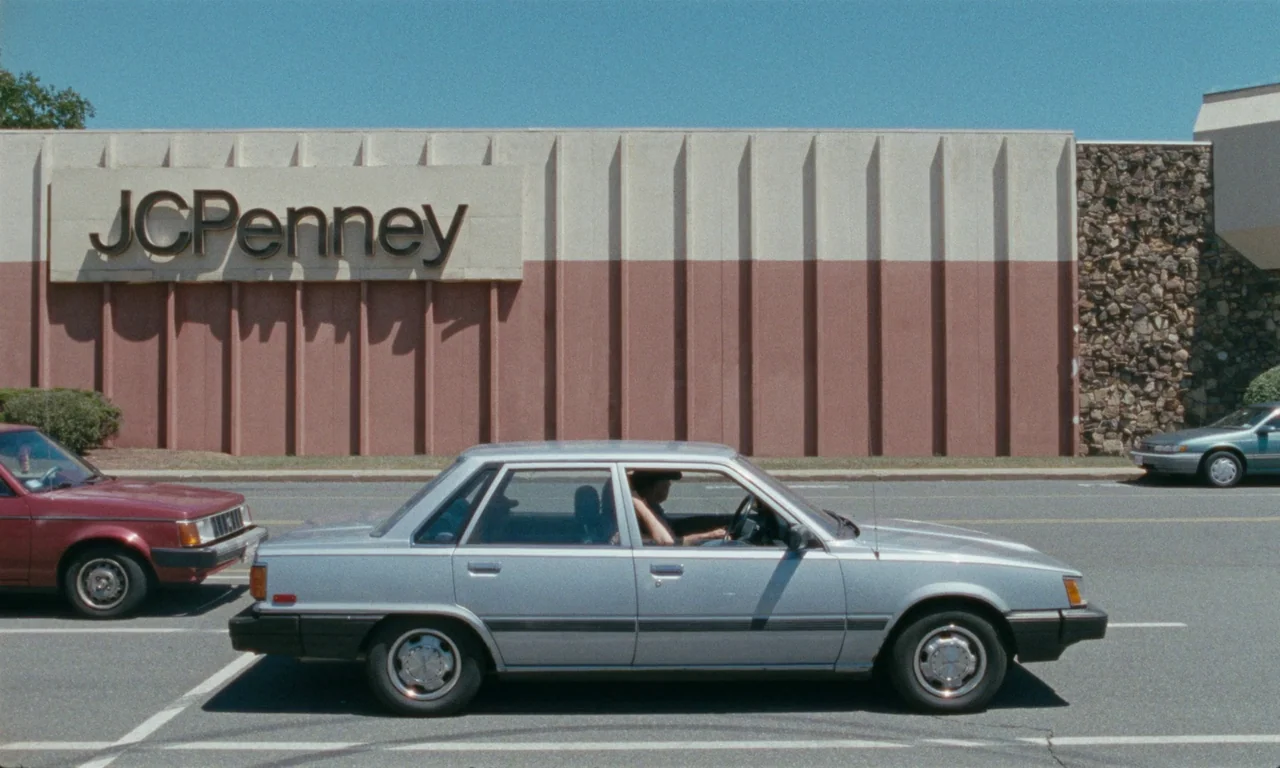 Janet Planet (2023) movie still: wide — A silver sedan drives past the cream and pink facade of a JCPenney store. The building features vertical…