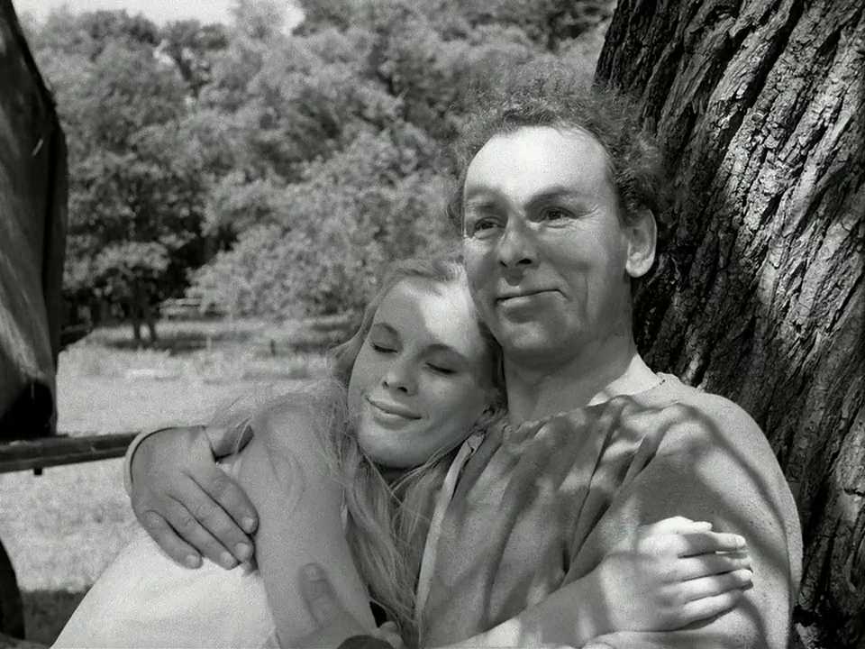 The Seventh Seal (1957) movie still: medium — A man and a woman rest against the bark of a large ancient tree. They are positioned outdoors…