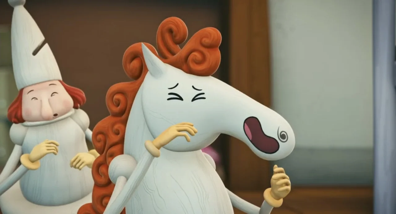 Valentina (1982) movie still: medium — A brightly lit interior space with plain walls and stylized 3D figures. An anthropomorphic horse laughs next…