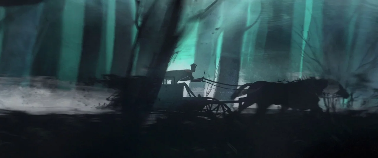 A Monster Calls (2016) movie still: wide — A horse-drawn carriage moves through a dense, stylized forest at night. Vertical streaks of bright teal…