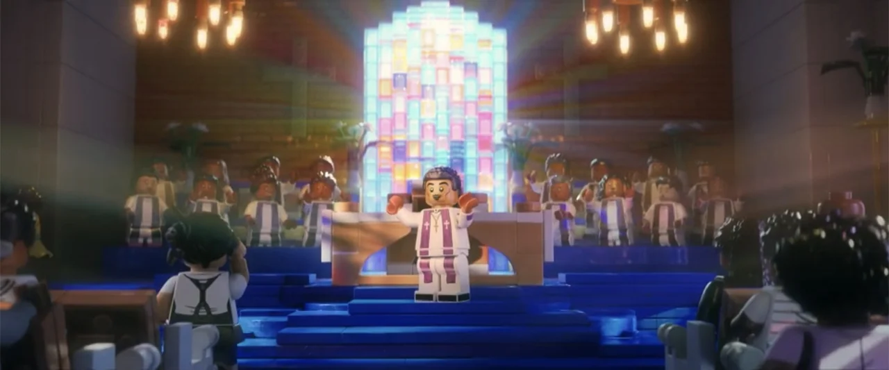 Piece by Piece (2024) movie still: medium — A stylized brick church interior features a central altar with a glowing stained glass backdrop. A lego…
