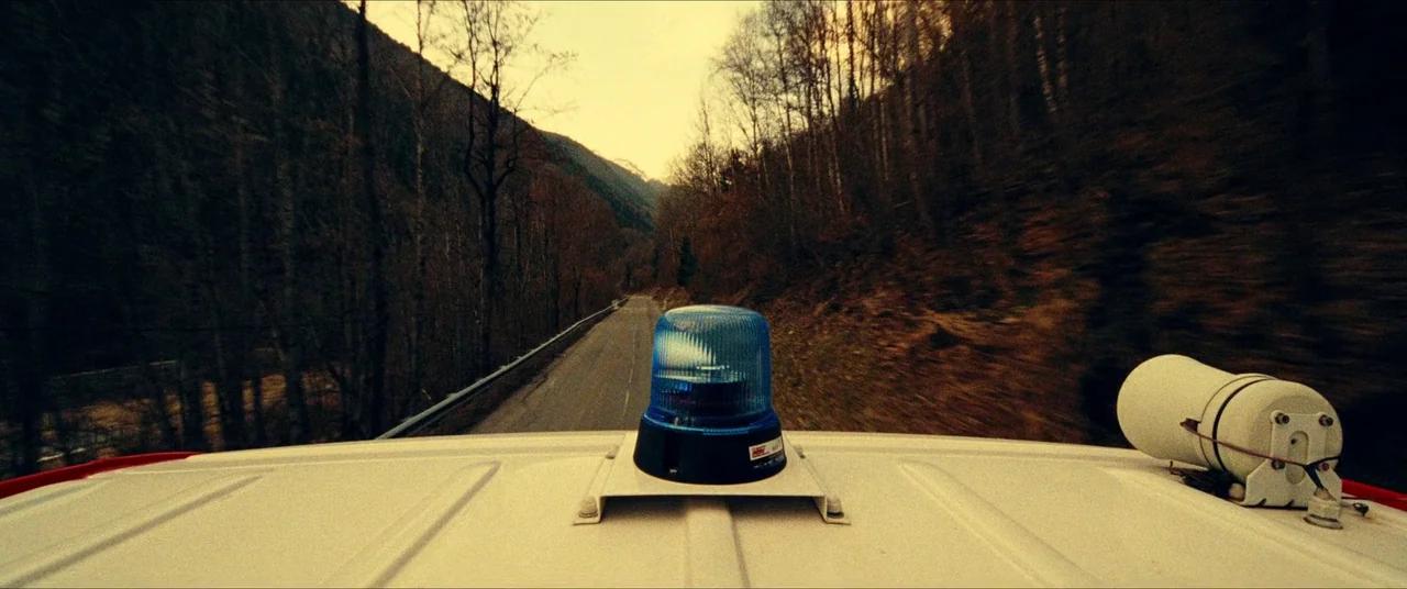 The Five Devils (2022) movie still: wide — An asphalt road winds through a dense forest flanked by steep mountain slopes. A blue emergency light…
