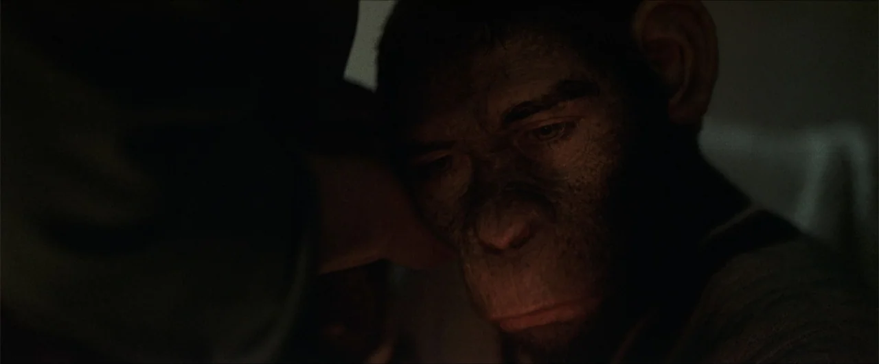 Better Man (2024) movie still: closeup — A dimly lit interior space with shadows obscuring most of the surrounding area. A chimpanzee is seen in a…