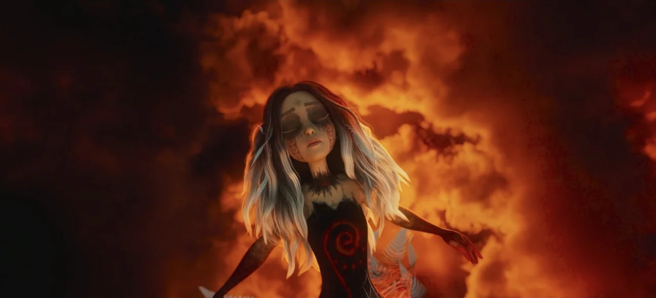Mavka: The Forest Song (2023) movie still: medium — A figure floats before a massive expanse of roiling deep orange and red clouds. The woman…