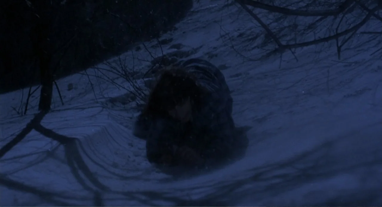 Dead of Winter (2025) movie still: medium — A dark snowy hillside at night with sparse barren tree branches overhead. A person in a plaid jacket…