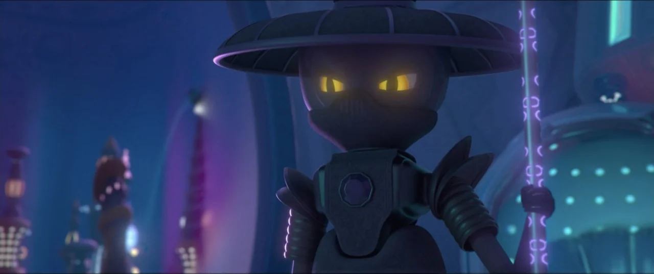 Scarygirl (2023) movie still: medium — A dimly lit futuristic facility features glowing purple panels and tall rounded metallic structures. A…