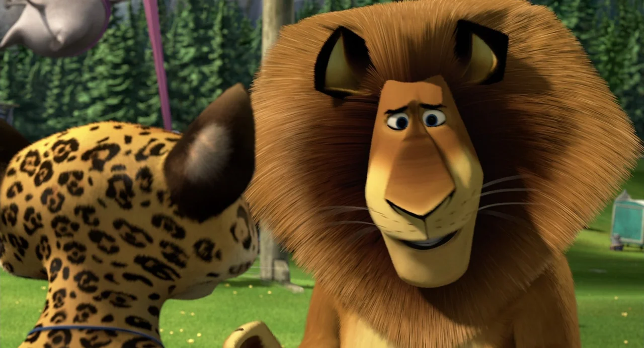 Madagascar 3: Europe's Most Wanted (2012) movie still: medium — A green meadow with a line of pine trees in the background. A lion speaks to a…