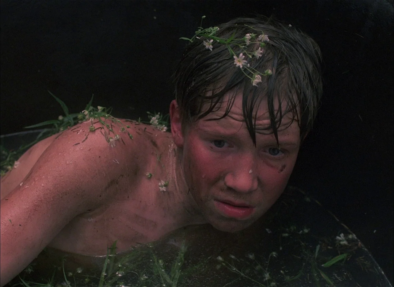 Come and See (1985) movie still: closeup — A dark, murky pool of water contains dirt, wet grass, and small white flowers. A teenage boy with…