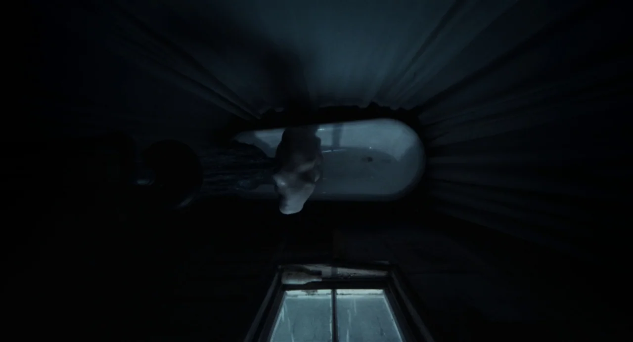 X (2022) movie still: wide — An overhead view looks down into a dark room containing a plain white bathtub. A window at the bottom of the frame…