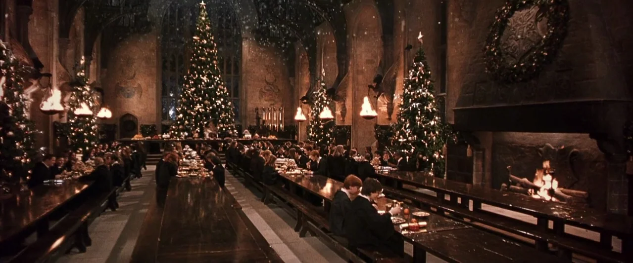 Harry Potter and the Chamber of Secrets (2002) movie still: wide — A stone dining hall with high vaulted ceilings is decorated for the holidays.…