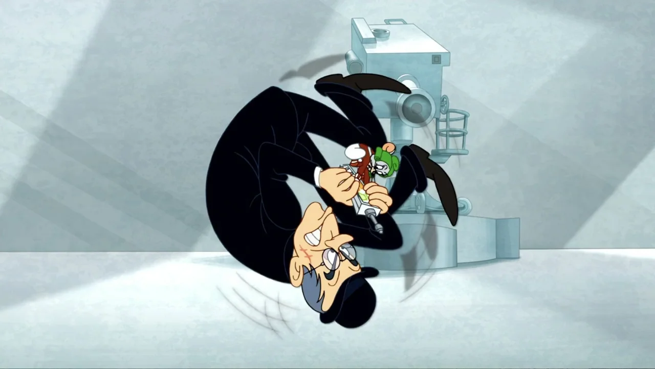 Tom and Jerry: Willy Wonka & the Chocolate Factory (2017) movie still: fullbody — A brightly lit, clinical laboratory interior with a large metallic…